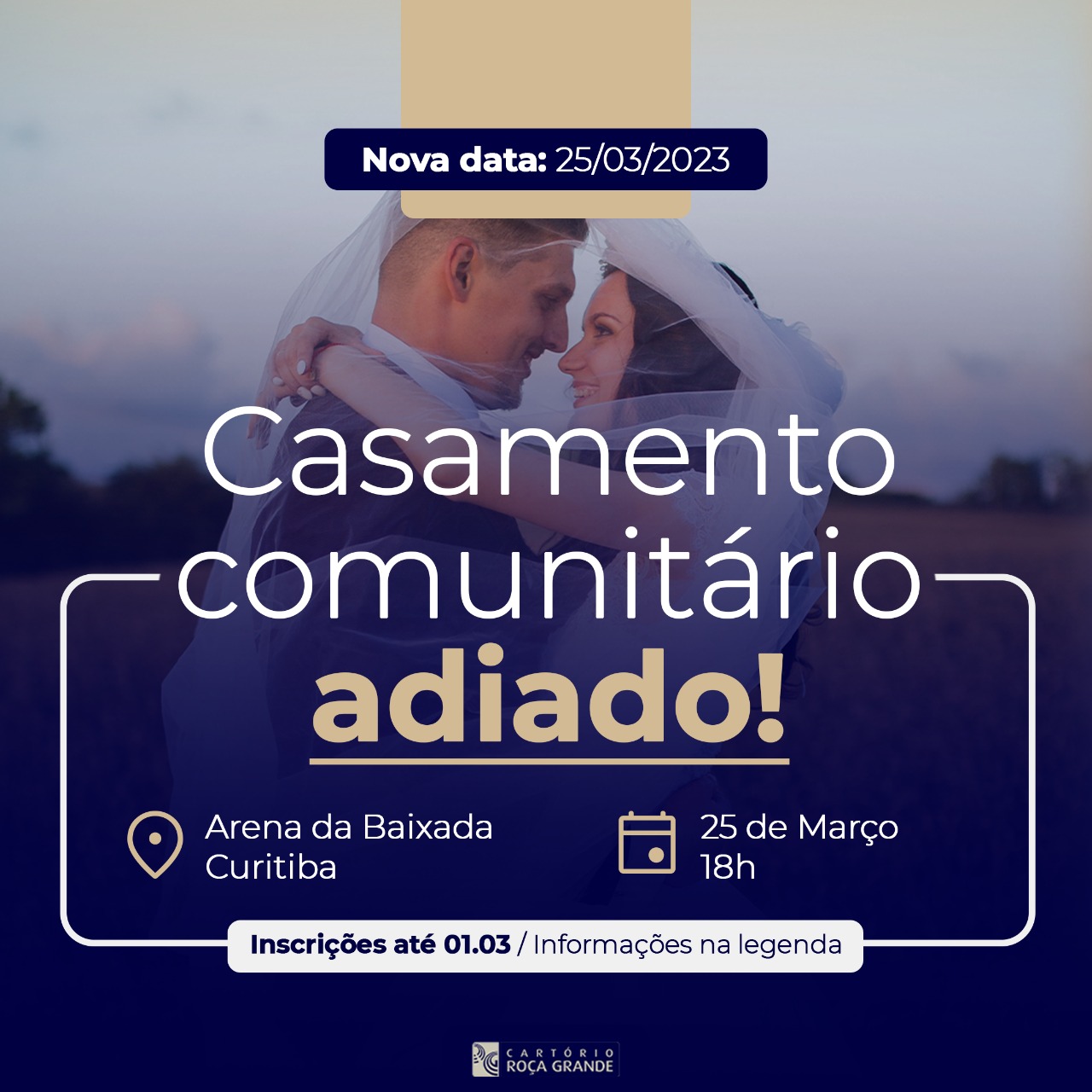 Nova data: O casamento comunitário, que seria realizado no próximo dia 10, foi adiado para o dia 25/03/2023.